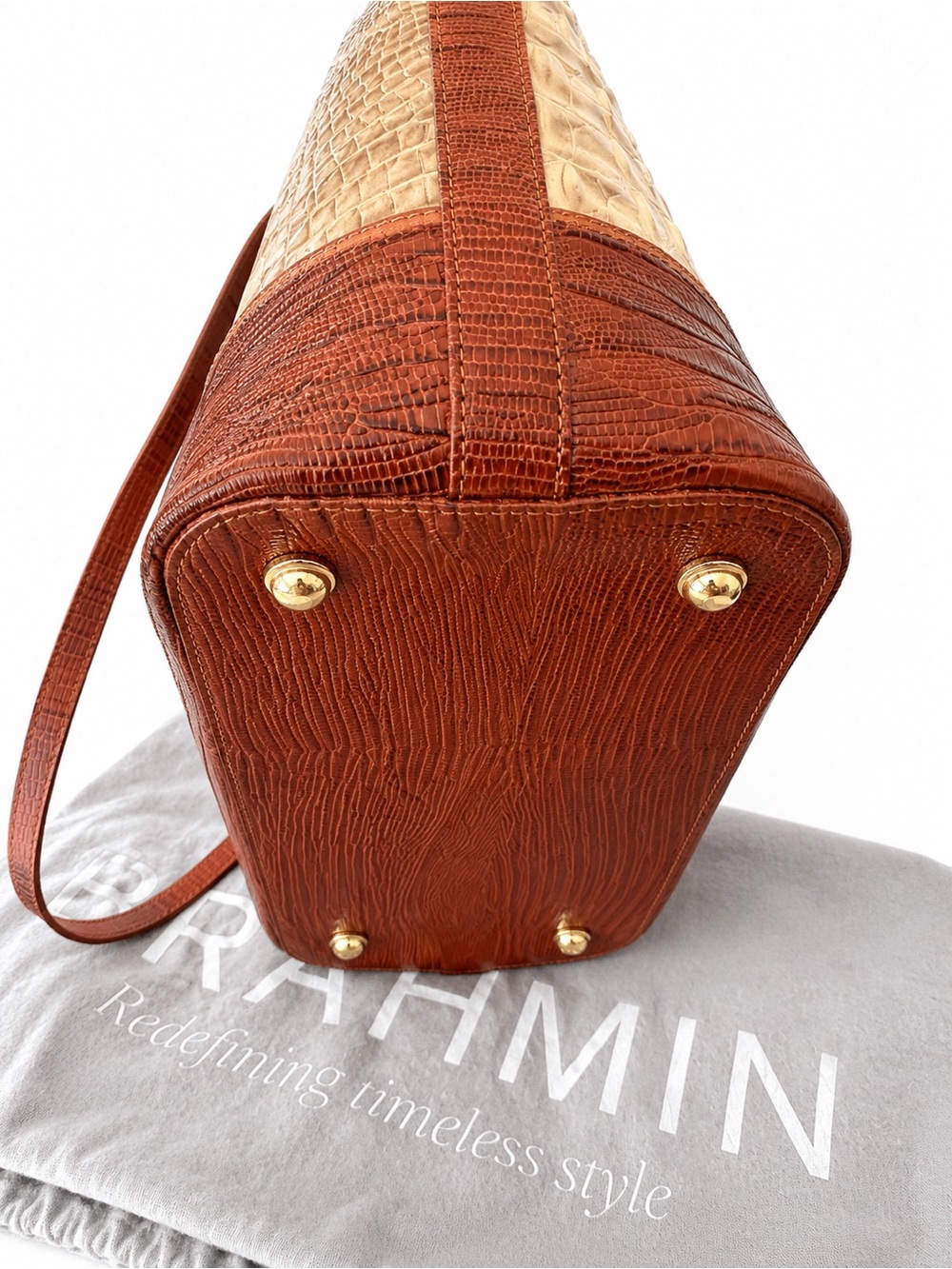 BRAHMIN Croc Embossed Tote Bag – Beige/Brown Colorblock - Picture 7 of 10